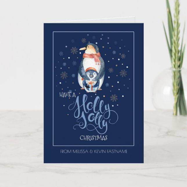 Holly Jolly Typography & Christmas Pinguin Holiday Card (Front)