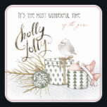 Holly Jolly Wonderful Time Christmas  Square Sticker<br><div class="desc">Cute and charming Holiday decor to celebrate the season in pastel sage and blush pink. 

Wrapped gifts,  Christmas ornament,  branch and bird underline the message of this being the most wonderful time of the year! Calligraphic typography  "holly jolly".</div>