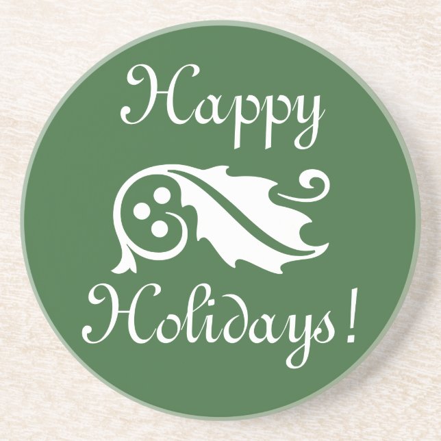 Holly leaf and berries Christmas drink coasters (Front)