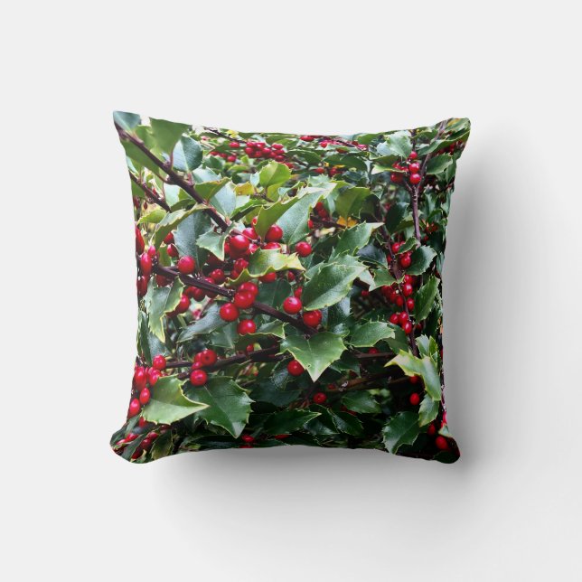 Holly leaves and Berries Christmas botanical Cushion (Front)