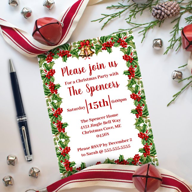 Holly Leaves and Berries Christmas Party Invitation (Creator Uploaded)