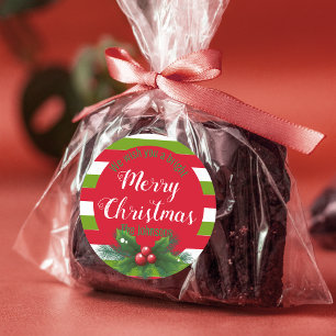 Holly Leaves and Berries Green White Red Christmas Classic Round Sticker