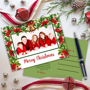 Holly Leaves and Berries Merry Christmas Photo Holiday Postcard