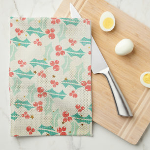 Holly Leaves and Berries Retro Style Kitchen Tea Towel