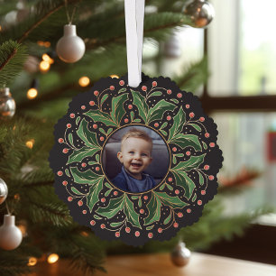 Holly Leaves and Berries Round Photo Tree Decoration Card
