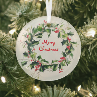 Holly leaves and berries wreath glass tree decoration
