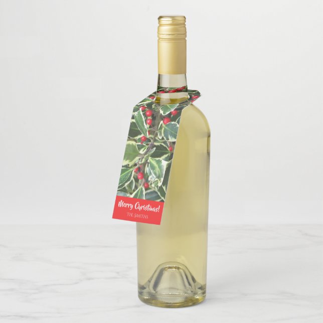 Holly Leaves and Red Berries Holiday Bottle Tag (Angled)