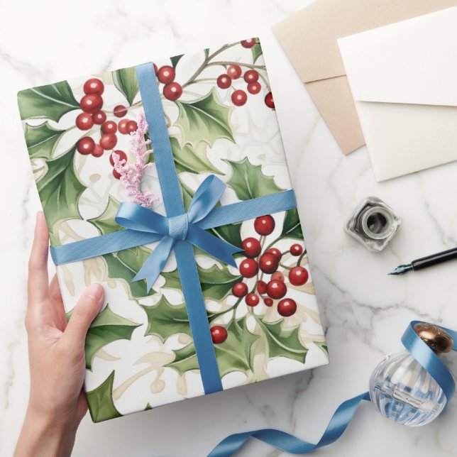 Holly Leaves and Red Berries  Wrapping Paper (Gifting)