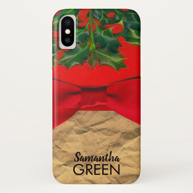 Holly Leaves and Red Bow Monogram Case-Mate iPhone Case (Back)