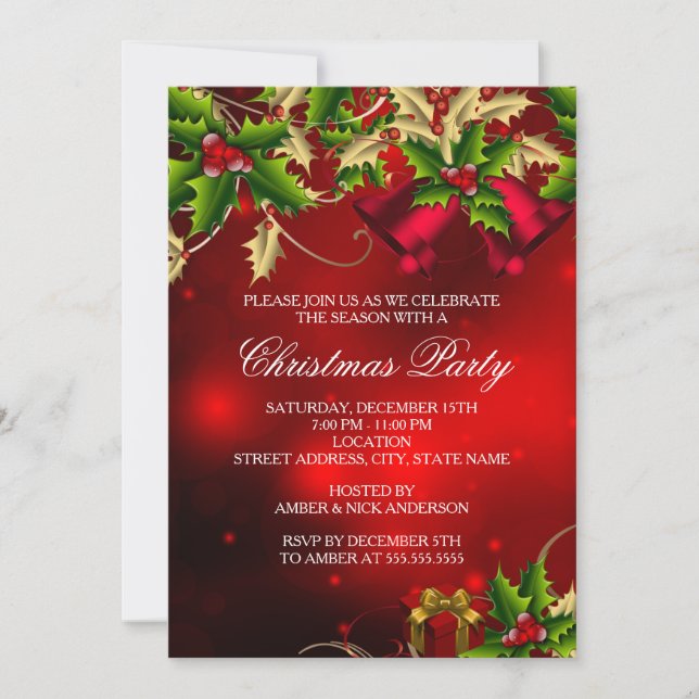 Holly Leaves & Bell Red Christmas Party Invite (Front)