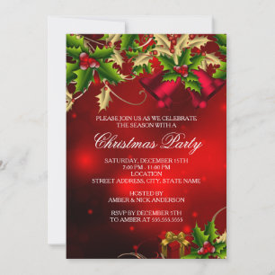 Holly Leaves & Bell Red Christmas Party Invite