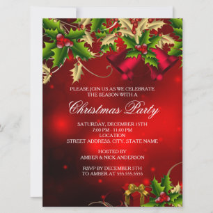 Holly Leaves & Bell Red Christmas Party Invite