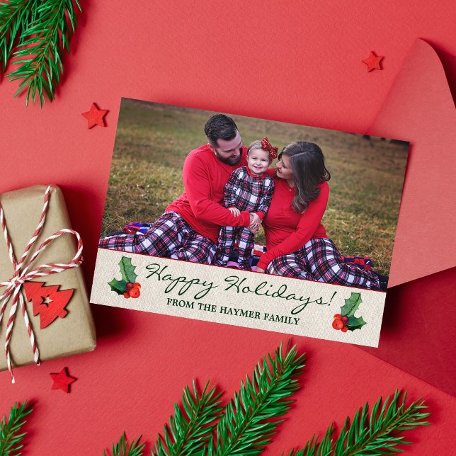 Holly Leaves & Berries Christmas Holiday Card (Creator Uploaded)