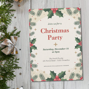 Holly Leaves & Berries - Christmas Party Invitation