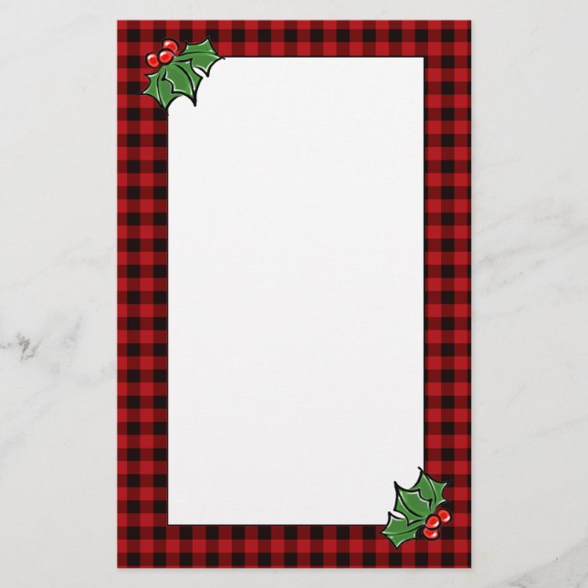Holly leaves berries classic red buffalo plaid stationery (Front)