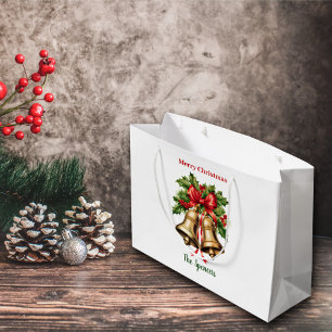Holly Leaves & Berries Gold Bells Merry Christmas  Large Gift Bag