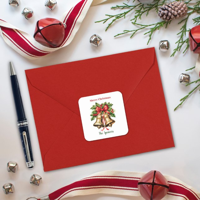 Holly Leaves & Berries Gold Bells Merry Christmas  Square Sticker (Creator Uploaded)