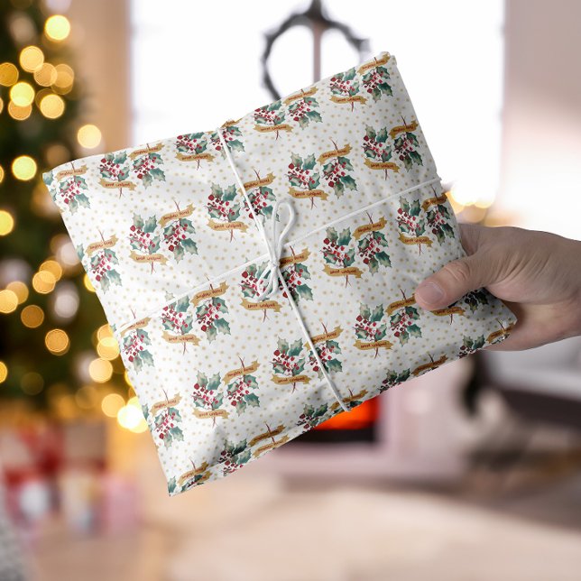 Holly Leaves, Berries & Gold Star Holiday Tissue Paper (Christmas flowers tissue paper)