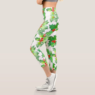 Holly Leaves, Berries, Red Green Floral Christmas Capri Leggings