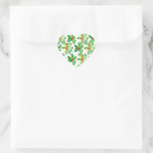 Holly Leaves, Berries, Red, Green Floral Christmas Heart Sticker
