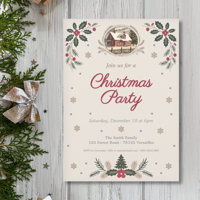 Holly Leaves & Berries - Vintage Christmas Party Invitation (Holly Leaves & Berries - Vintage Christmas Party Invitation)