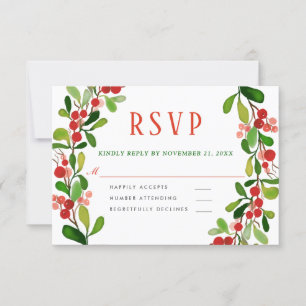 Holly Leaves Berry Christmas   Wedding RSVP Card