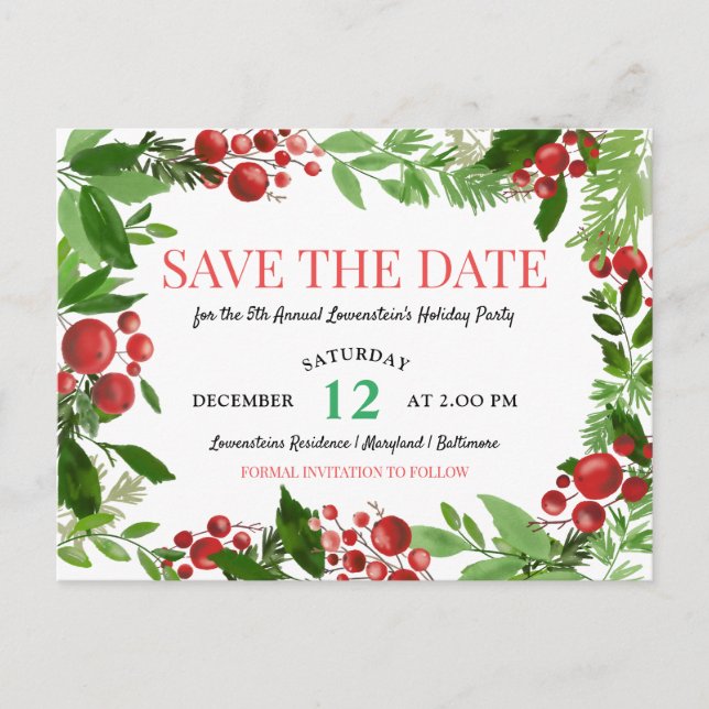 Holly Leaves | Berry Holiday Party Save The Date Announcement Postcard (Front)