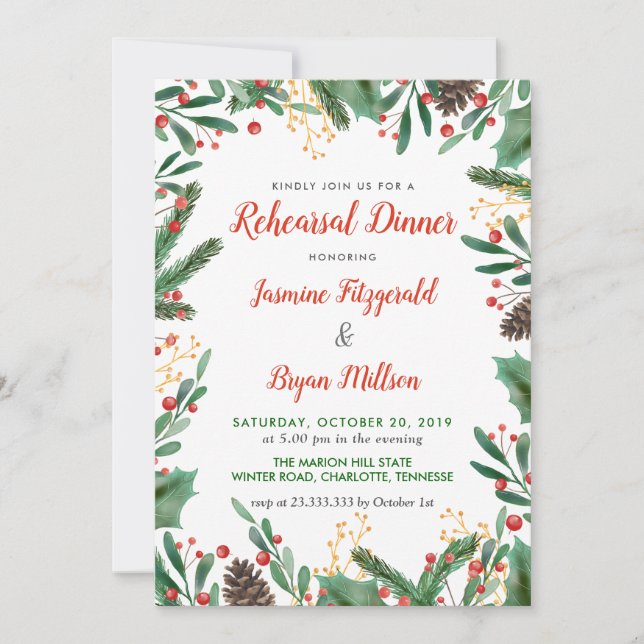 Holly Leaves Berry | Wedding Rehearsal Dinner Invitation (Front)