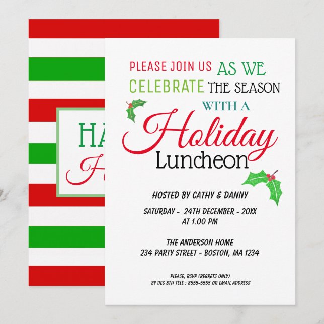 Holly Leaves Christmas Luncheon Invitation (Front/Back)