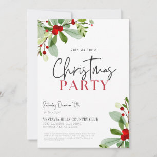 Holly Leaves Christmas Party Invitation 