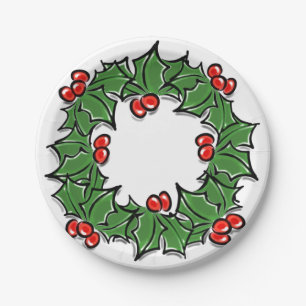 Holly Leaves, Holly berries, Christmas wreath Paper Plate