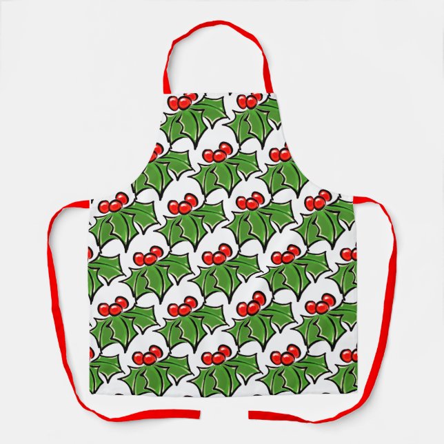 Holly Leaves Holly berries fun holiday botanical Apron (Front)