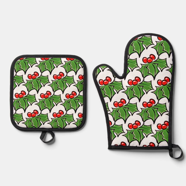 Holly Leaves Holly berries fun holiday botanical Oven Mitt & Pot Holder Set (Front)