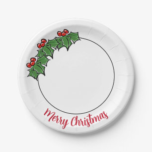 Holly Leaves Holly berries fun holiday botanical Paper Plate