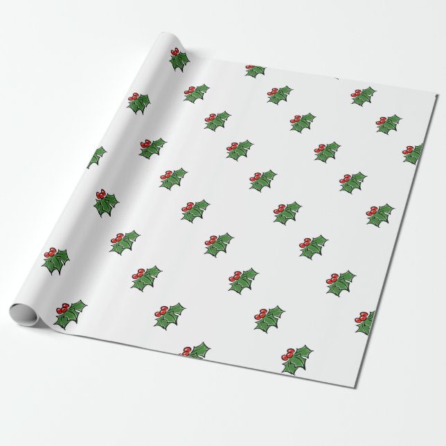 Holly Leaves, Holly berries, fun holiday botanical Wrapping Paper (Unrolled)