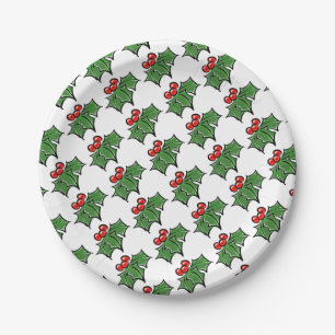 Holly Leaves Holly berries fun holiday pattern Paper Plate