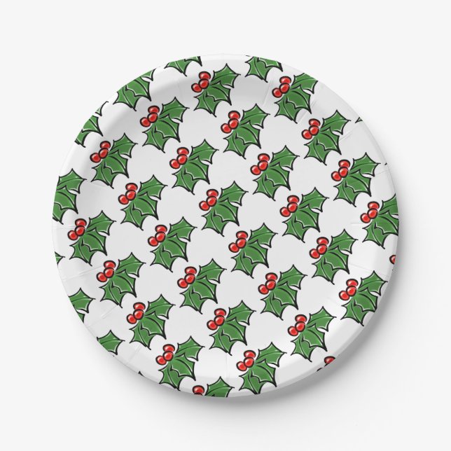 Holly Leaves Holly berries fun holiday pattern Paper Plate (Front)