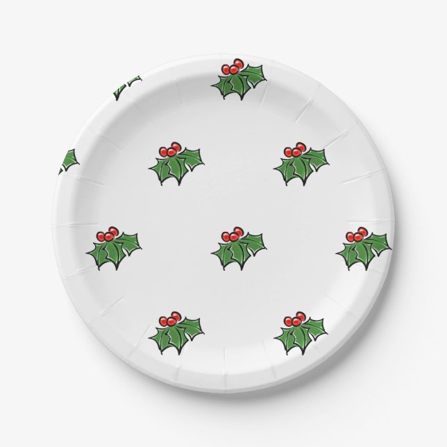 Holly Leaves, Holly berries, fun holiday pattern Paper Plate (Front)