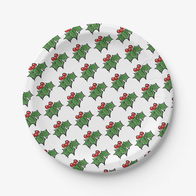 Holly Leaves, Holly berries, fun holiday pattern Paper Plate (Front)