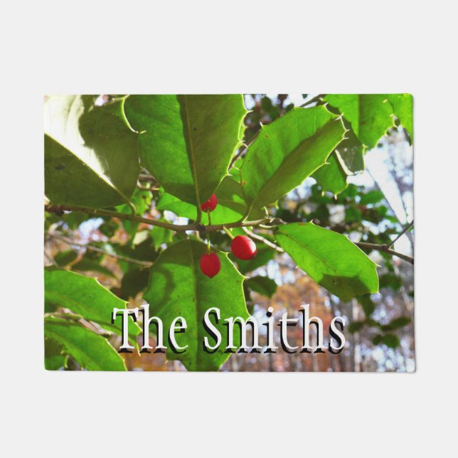 Holly Leaves II Holiday Nature Botanical Doormat (Front)