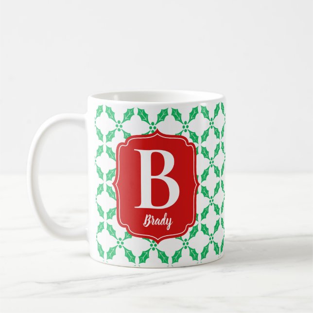 Holly Leaves Pattern Red and Green Holiday Coffee Mug (Left)