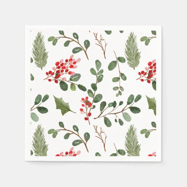Holly Leaves Red Berry Holiday Watercolor Pattern Napkin (Front)