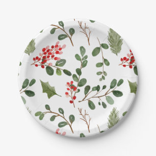Holly Leaves Red Berry Holiday Watercolor Pattern Paper Plate