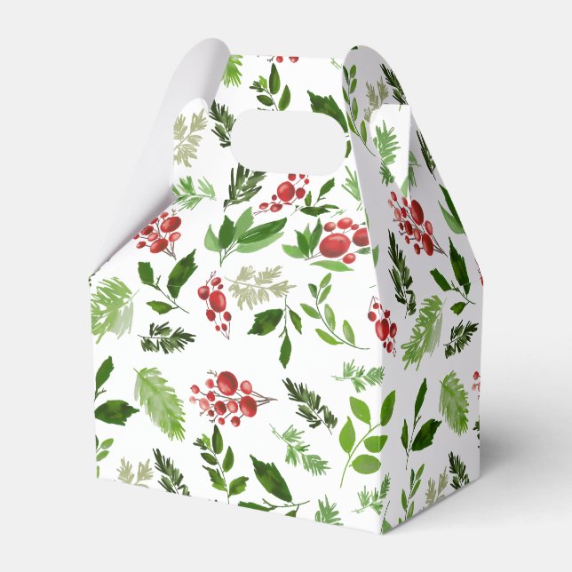 Holly Leaves Red Berry Watercolor Pattern Holiday Favour Box (Front Side)