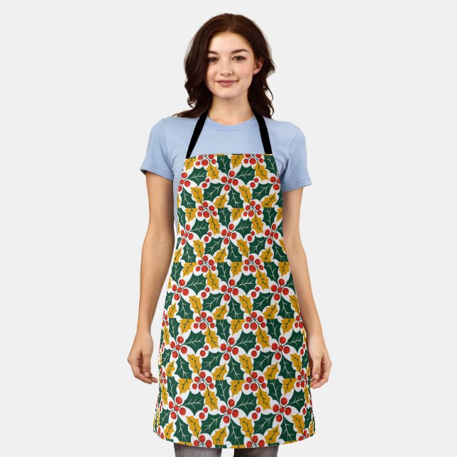 Holly Leaves Retro Modern Big Print Pattern  Apron (Worn)