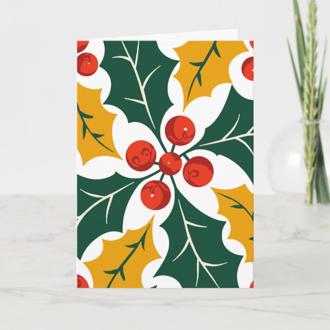 Holly Leaves Retro Modern Big Print Pattern  Holiday Card (Front)