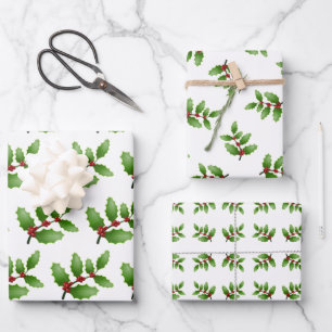 Holly Leaves White Christmas Wrapping Paper Sheets