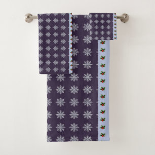Holly Leaves Winter Snowflakes Seasonal Festive Bath Towel Set