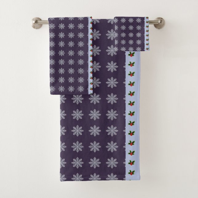 Holly Leaves Winter Snowflakes Seasonal Festive Bath Towel Set (Insitu)