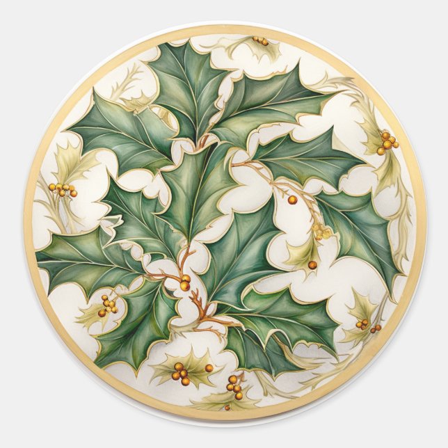 Holly Leaves with Gold Accents Classic Round Sticker (Front)